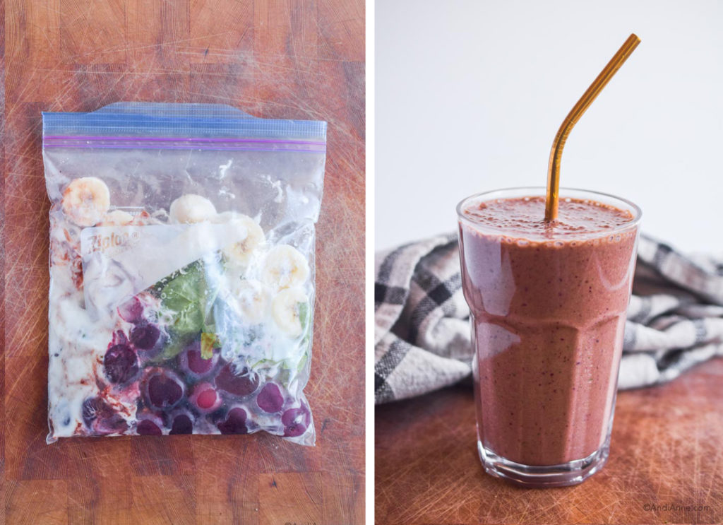 before and after of chocolate cherry smoothie pack in freezer bag and finished smoothie in a glass with metal straw.