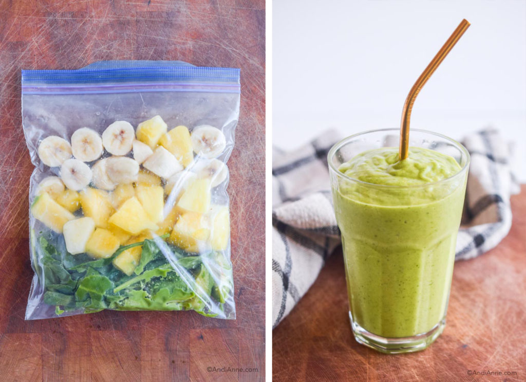 before and after of tropical green smoothie pack in freezer bag and finished smoothie in a glass with metal straw.