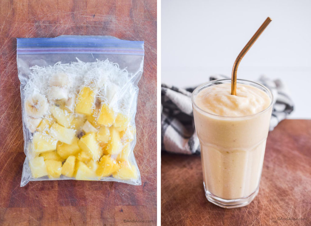 before and after of pina colada smoothie pack in freezer bag and finished smoothie in a glass with metal straw.