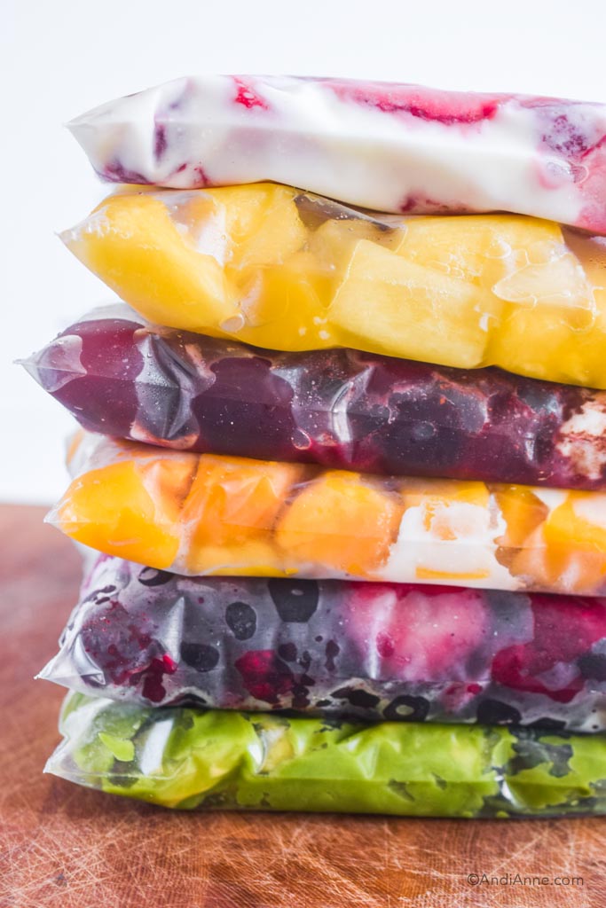 stack of different smoothie packs in freezer bags
