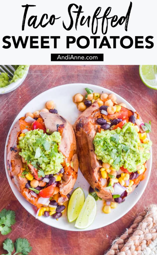 Taco stuffed sweet potatoes are a delicious and easy plant-based side dish that you can pair with any meal. These are simple to make and loaded with vitamins and minerals from a rainbow of vegetables.
