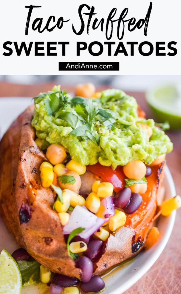 Taco stuffed sweet potatoes are a delicious and easy plant-based side dish that you can pair with any meal. These are simple to make and loaded with vitamins and minerals from a rainbow of vegetables.