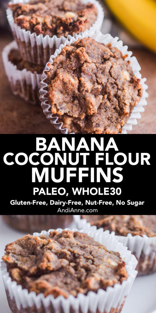 Coconut flour banana muffins are paleo, whole30, gluten-free, nut-free, and sugar-free. These muffins are a healthy breakfast or snack option. Keep one in your bag for a quick energy boost. Or serve with a dollop of coconut cream and fresh berries.