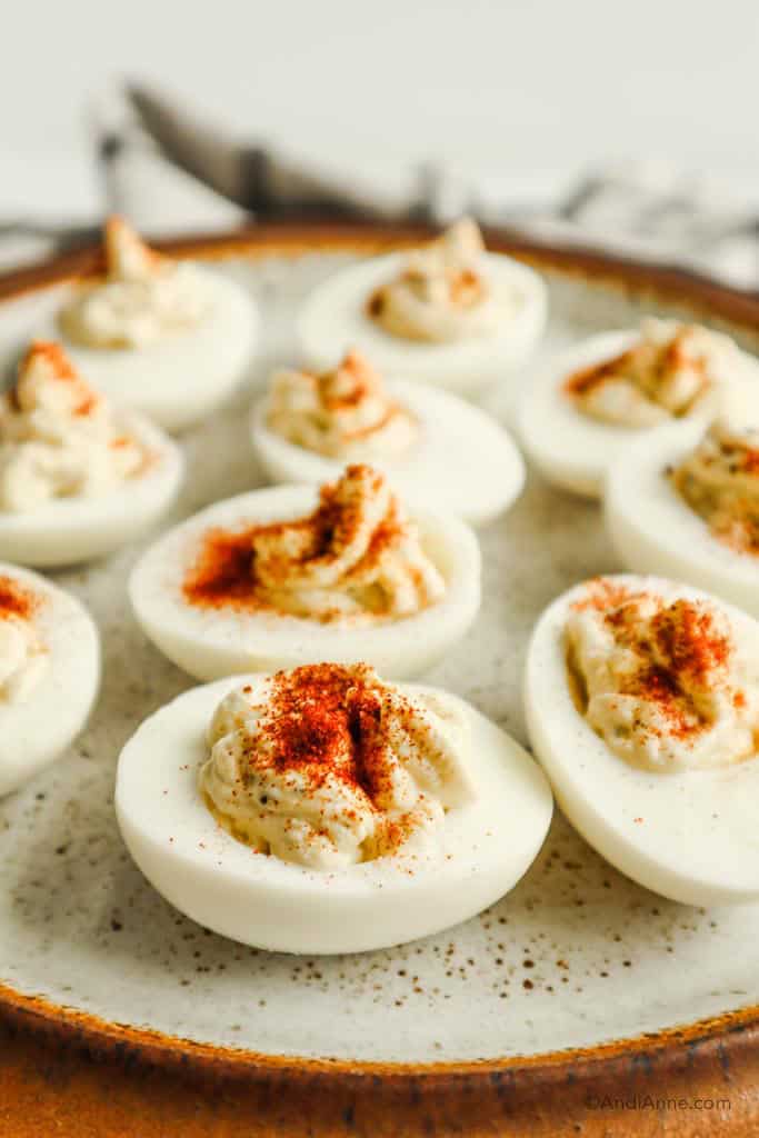 side angle of deviled eggs on a plate