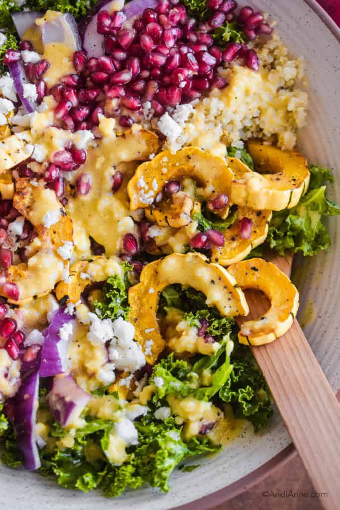 close up of fall harvest salad with apple cider vinegar dressing drizzled overtop