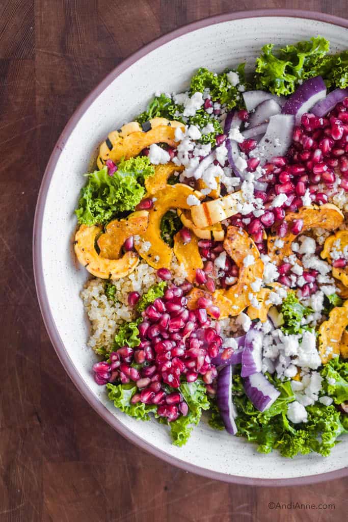 bowl of salad with delicata squash, pomegranate seeds, kale, feta cheese, and quinoa.
