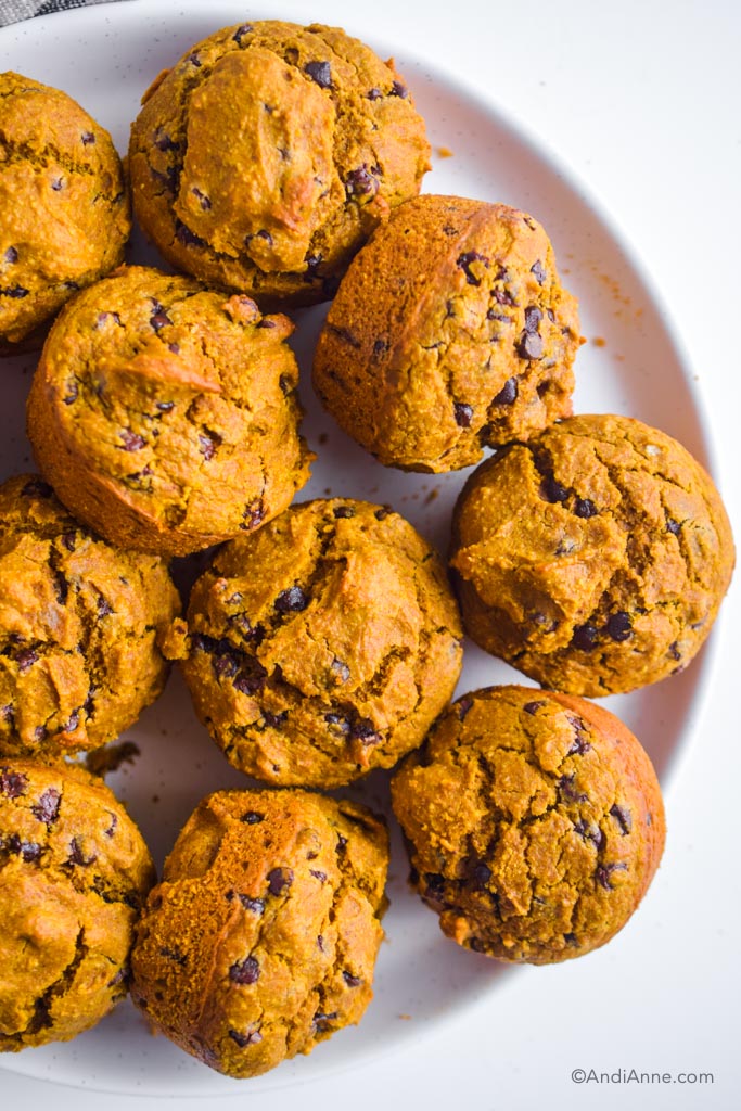 a bunch of pumpkin muffins on a white plate
