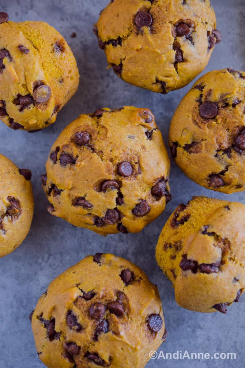 Looking down at a few of the muffins filled with chocolate chips.