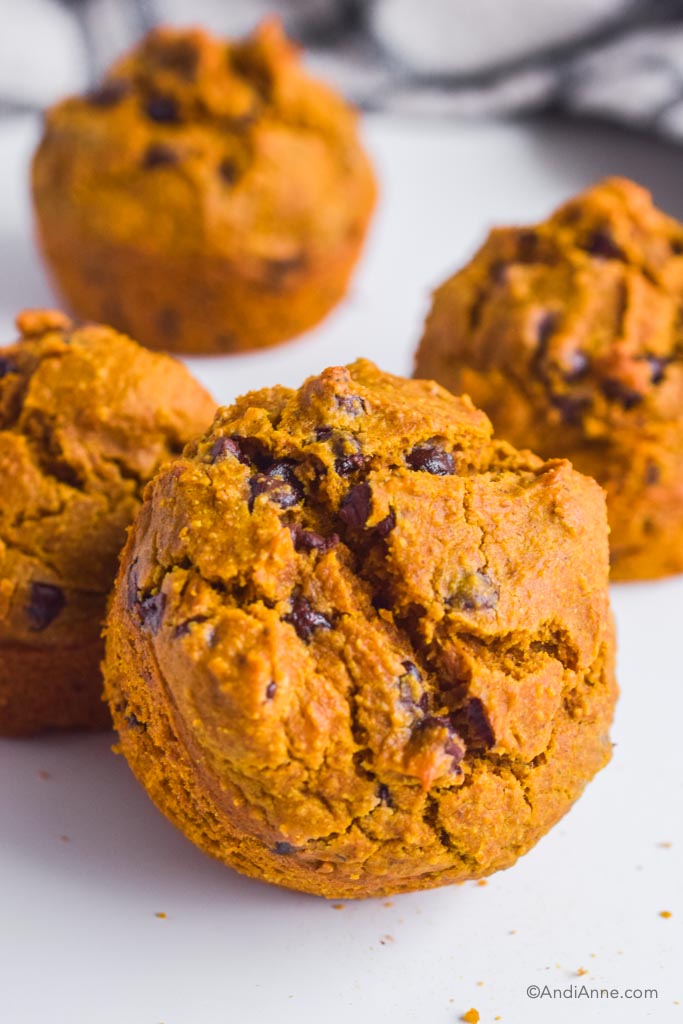 pumpkin chocolate chip muffins on a white table 