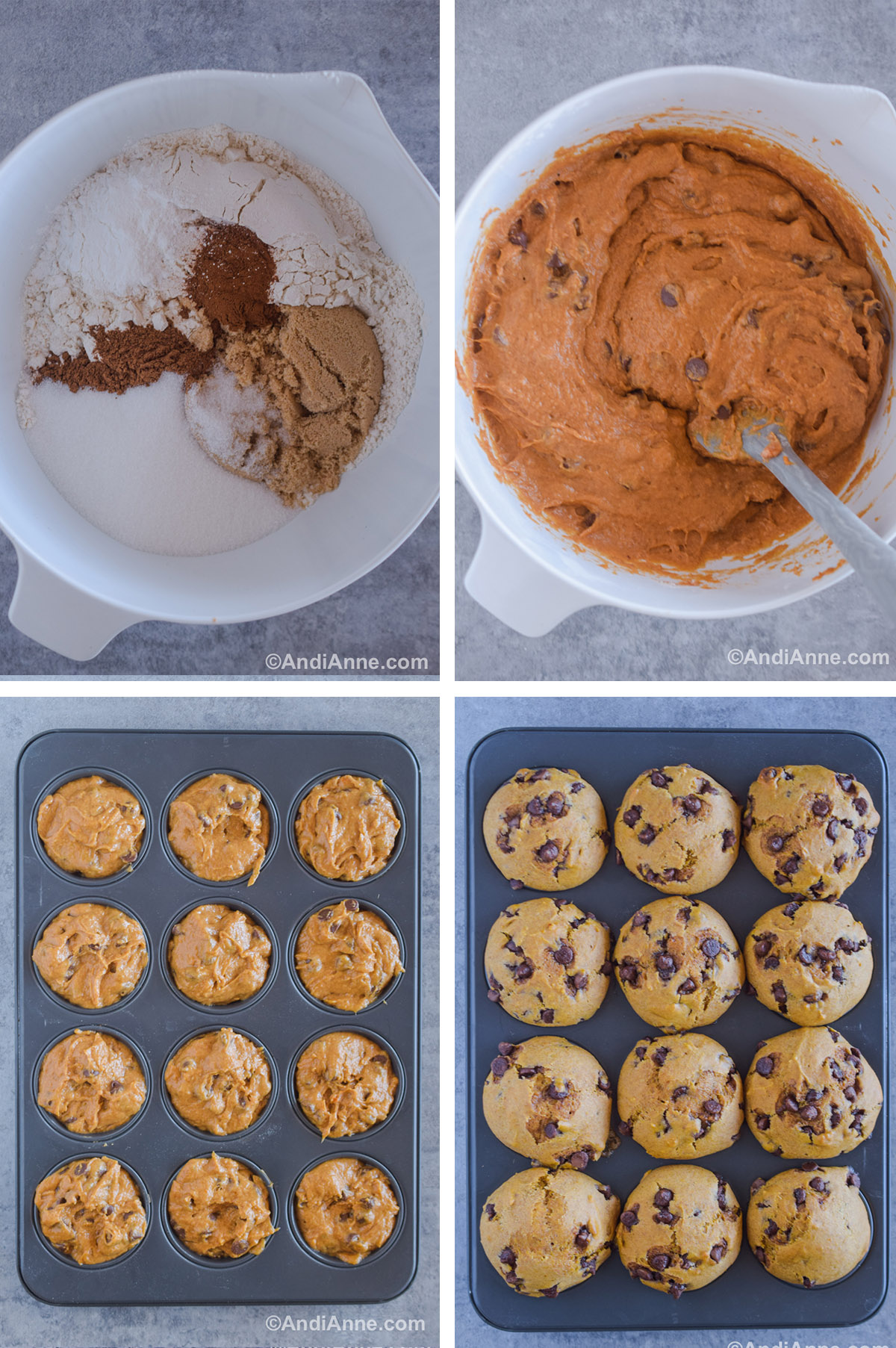 Four images showing steps to make recipe. First is bowl of dry ingredients unmixed. Second is orange batter with chocolate chips in a white bowl with spatula. Third is raw batter divided in a muffin pan. Fourth is baked pumpkin chocolate chip muffins in the muffin pan.