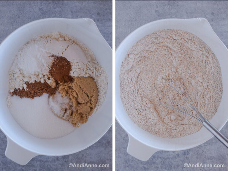 Two images of a white bowl. First with dry ingredients dumped in. Second with dry ingredients mixed together and a whisk.