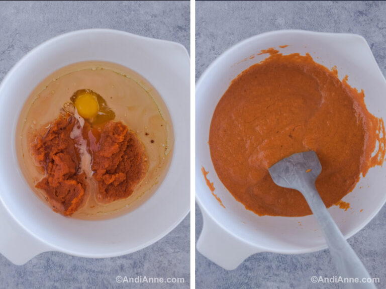 Two images of a white bowl. First with wet ingredients dumped in. Second with wet orange ingredients mixed together and a spatula.
