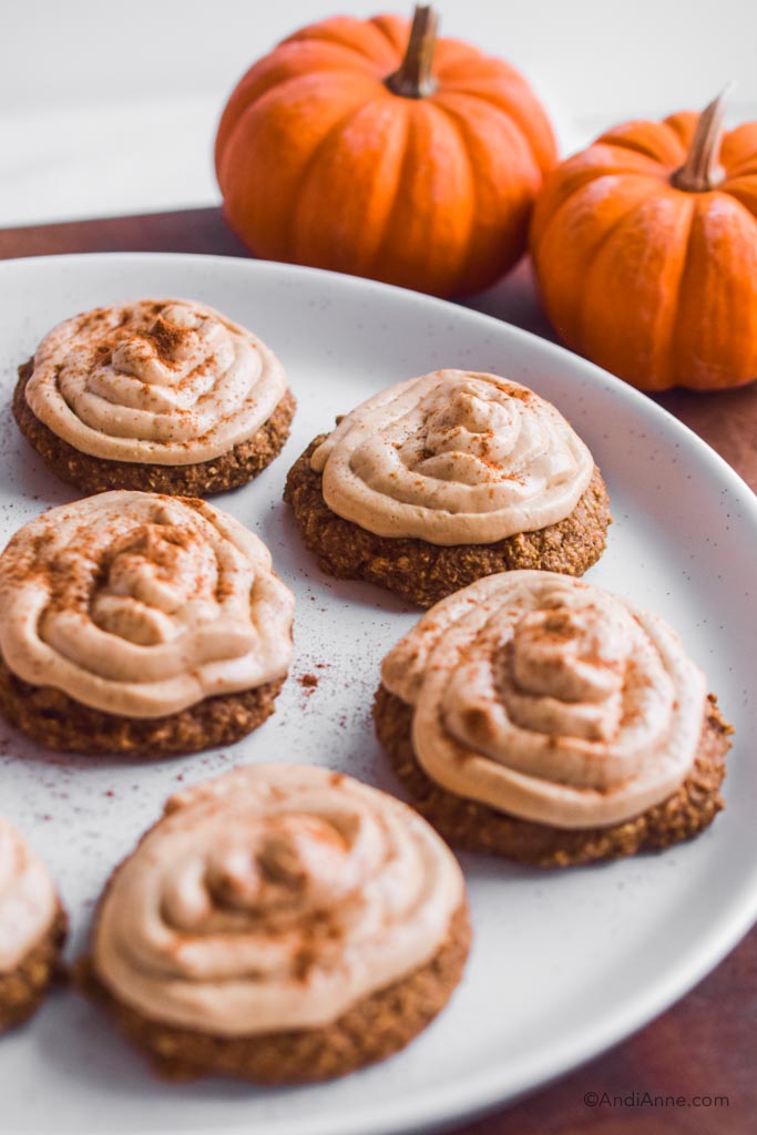 pumpkin oat cream cheese cookies on a white plate with two small pumpkins behind them