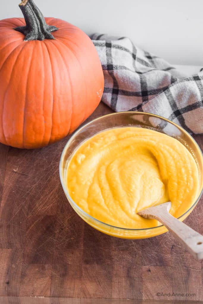 pureed pumpkin in a glass bowl with small pumpkin in background