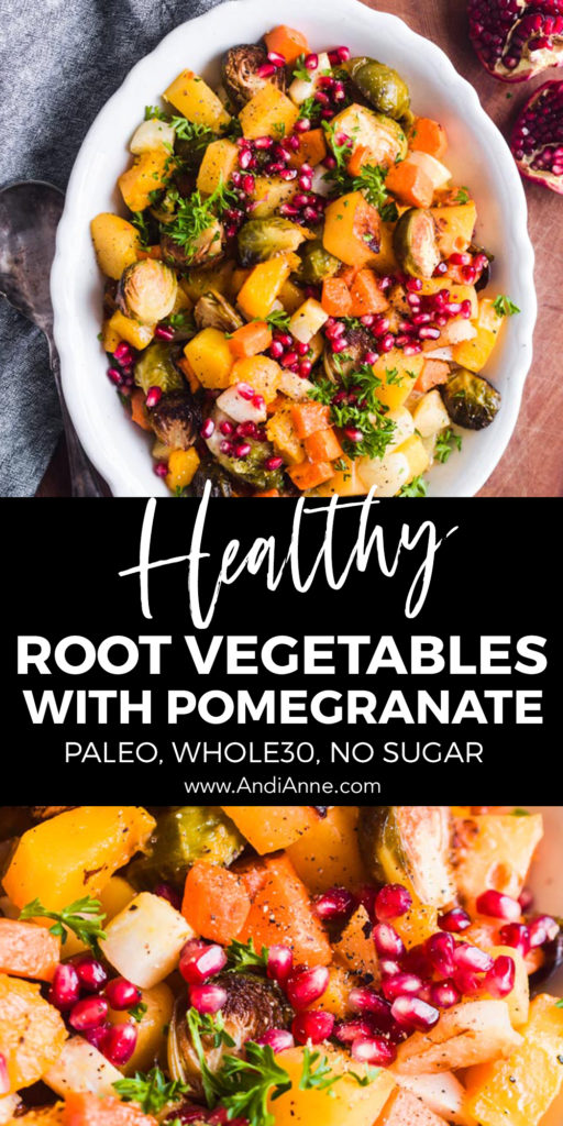 Roasted root vegetables with pomegranate seeds is an easy side dish to enjoy the season. Butternut squash, sweet potatoes, rutabaga, turnips and brussels sprouts are baked in the oven, then topped with fresh pomegranate seeds. This side dish is so simple to make and pairs beautifully with steak, chicken, turkey and pork.