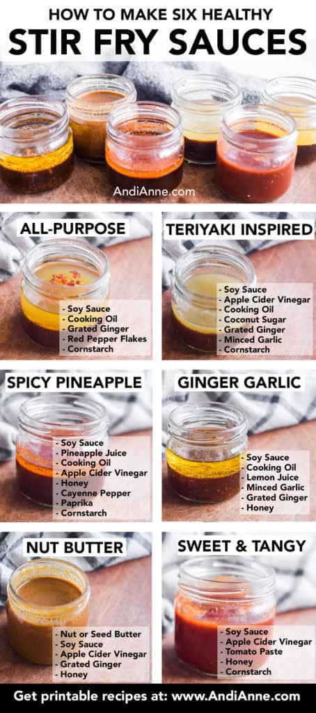 These stir fry sauce recipes are a simple way to add incredible flavor to your vegetables, grains and meats. Made with fresh ingredients, these six healthy stir fry sauce recipes will add amazing flavor without overpowering your dish. This blog post includes six stir fry sauce recipes: all-purpose, teriyaki inspired, spicy pineapple, ginger garlic, nut butter or seed butter, plus sweet and tangy sauce.