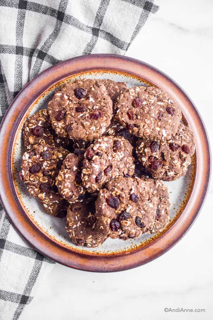 looking down at a plate of buckwheat oatmeal raisin cookies