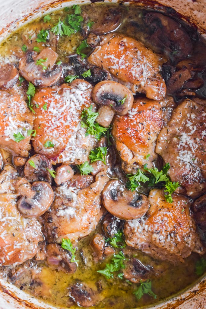 close up of cooked chicken thighs with mushrooms, parmesan and a bit of parsley