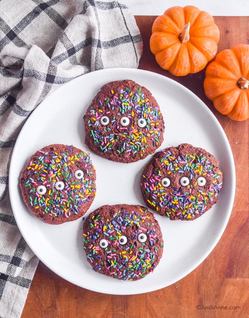 Chocolate oat monster cookies on a white plate with kitchen towel and two mini pumpkins beside it.