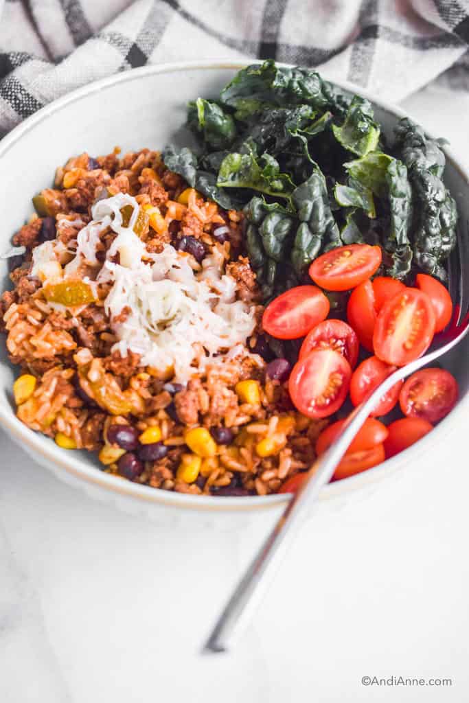 A bowl with rice, beef and beans, sliced cherry tomatoes, and kale and a fork.