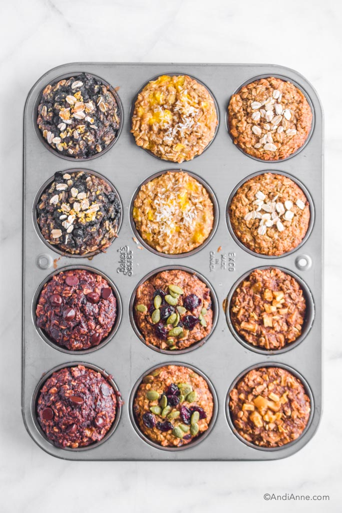 oatmeal muffins with 6 different flavors in a muffin pan