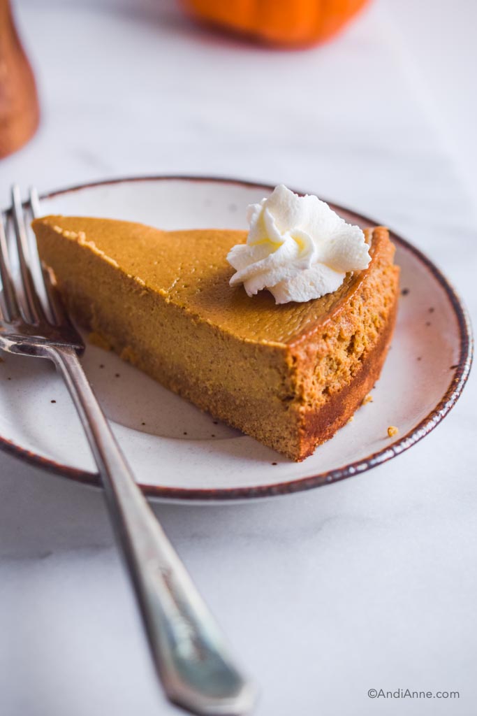 Close up of sugar free pumpkin cheesecake on a white plate with a fork