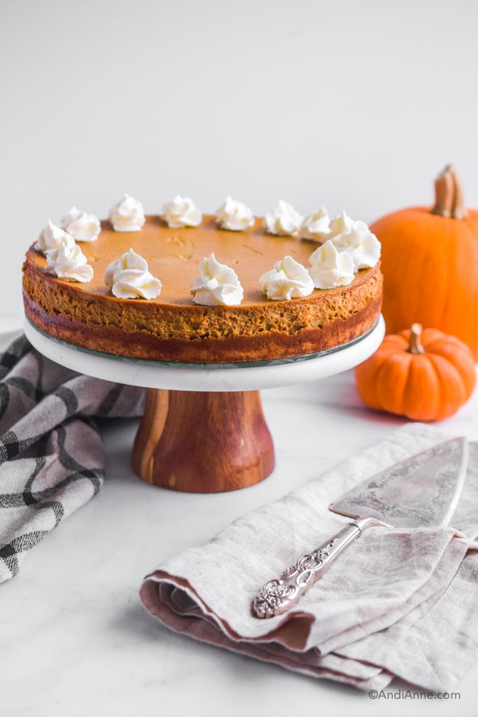Fall cheesecake with pumpkin on cakes stand with serving knife, kitchen towels and pumpkins surrounding it.