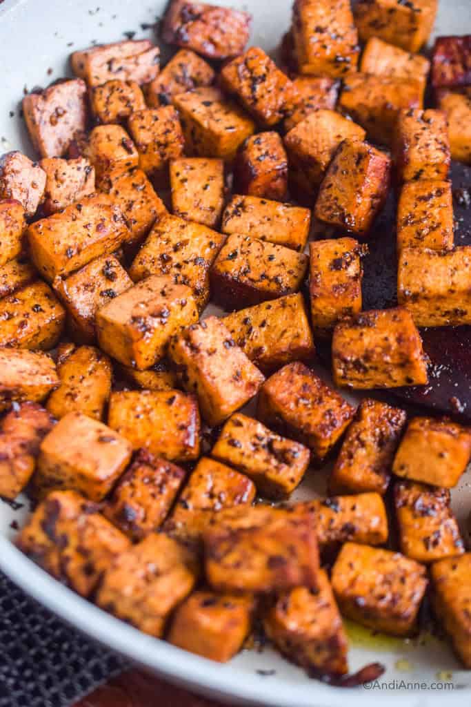 basil balsamic pan fried tofu close up