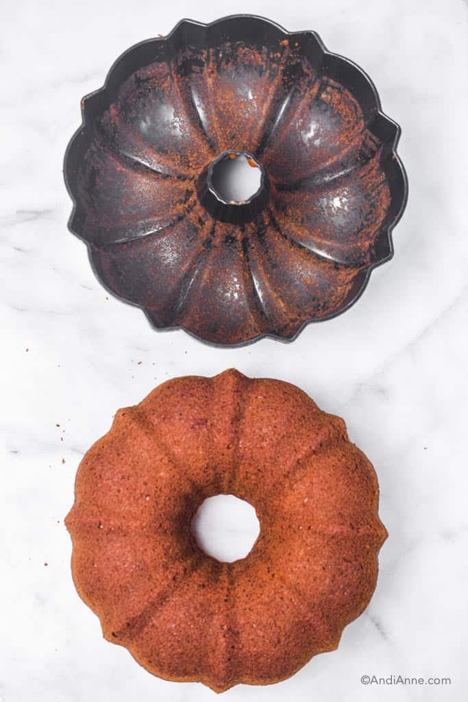banana bundt cake and bundt cake pan on white marble counter.