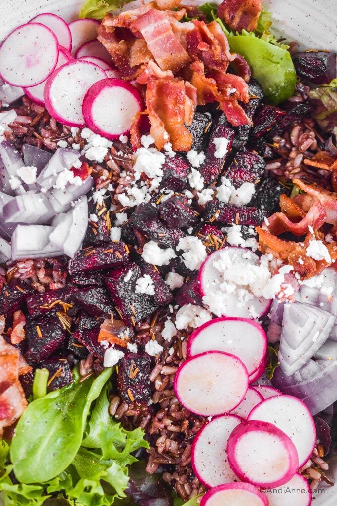 close up of beets, radishes, bacon, onion, and feta cheese in salad