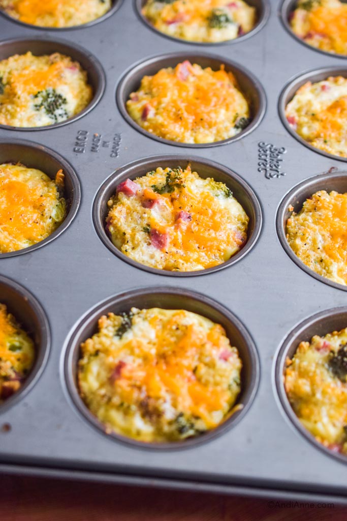 close up of broccoli quinoa muffins in a muffin pan