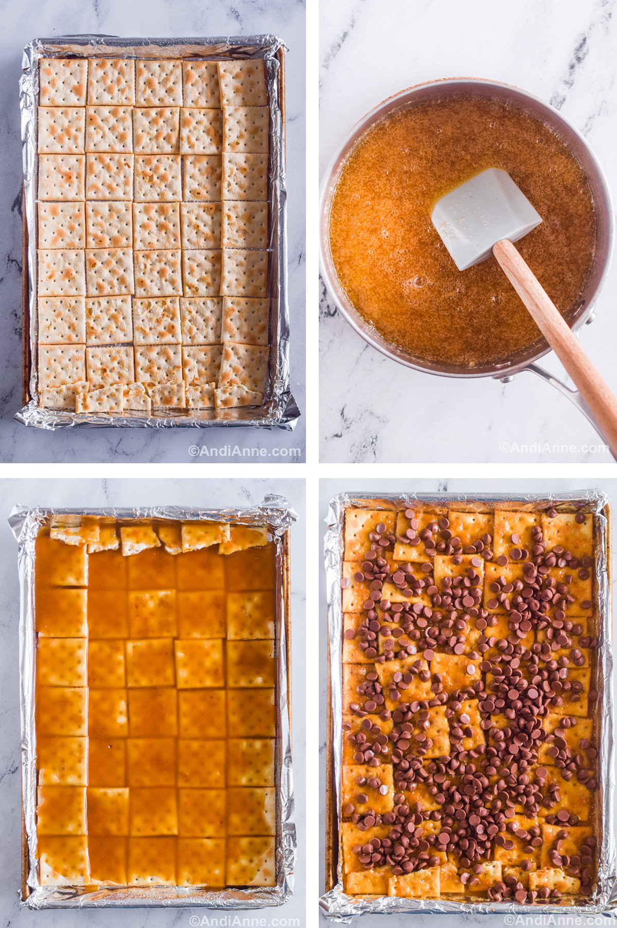 Four images showing steps to make the recipe. First is baking sheet with saltine crackers, second is sauce pan with toffee liquid mixture and spatula, third is toffee poured over top of crackers in baking sheet, Fourth is chocolate chips sprinkled over top of toffee crackers in baking sheet.