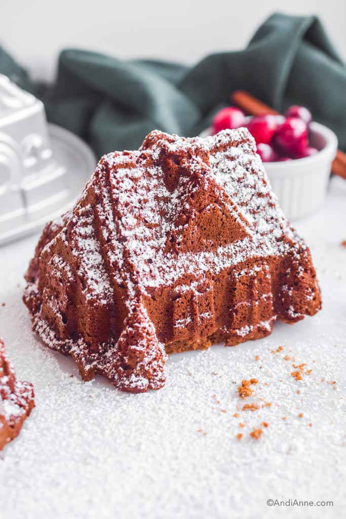 gingerbread house cake with powdered sugar sprinkled over top. Christmas decorations in background.