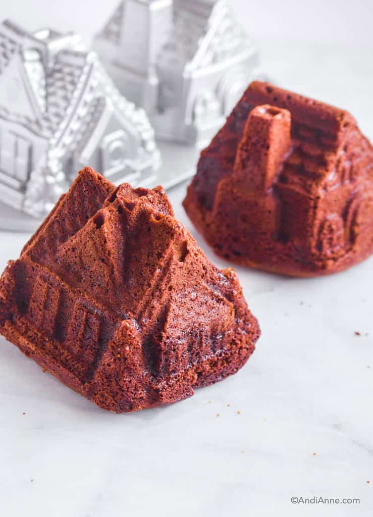 gingerbread cakes using nordic ware gingerbread cake duet pan in background