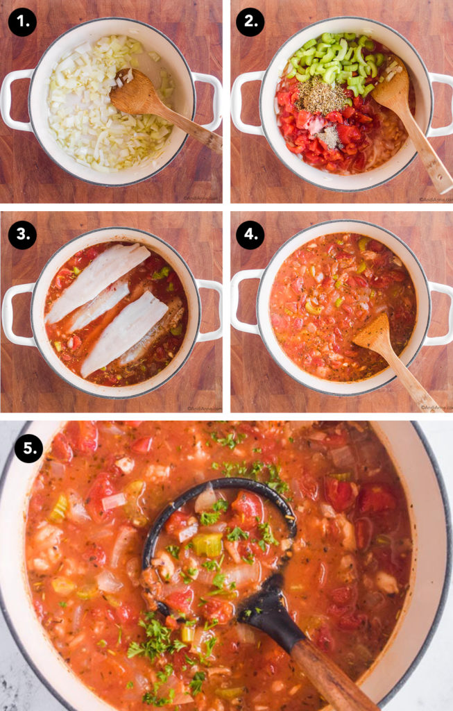 five images of steps to make cod soup: first is white pot with onions and wood spoon, second is diced tomatoes, celery and italian seasoning added, third has soup and frozen fish fillets in pot, fourth is finished cod tomato soup in pot, fifth is close up of cod tomato soup in pot with soup spoon and chopped parsley.