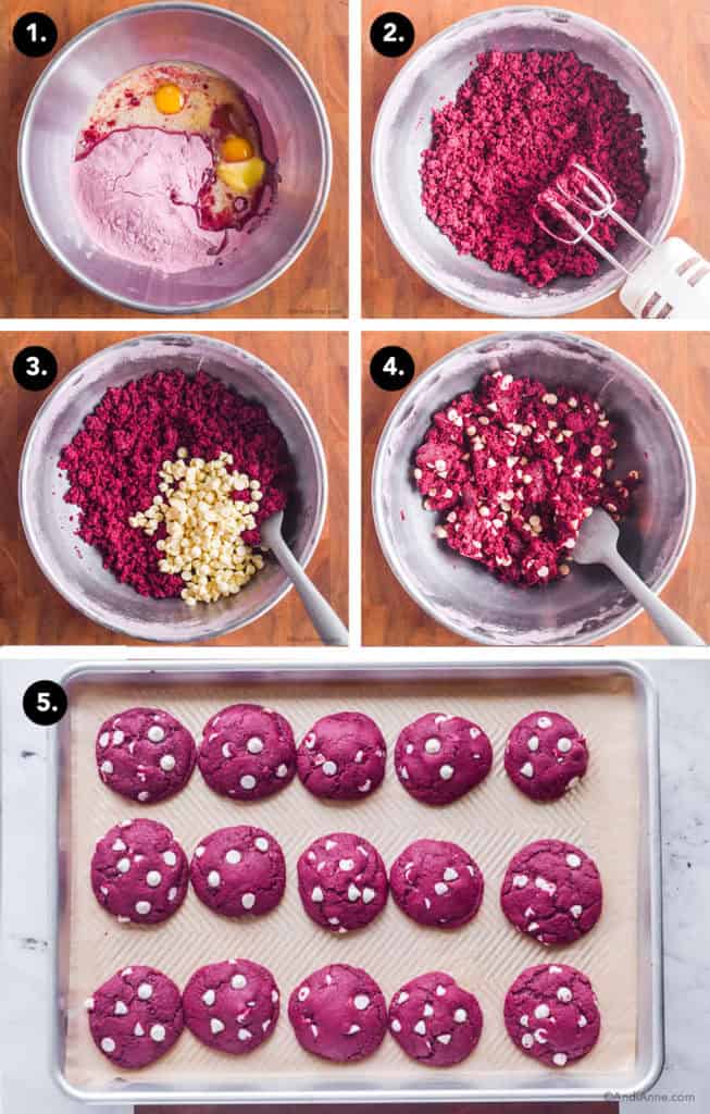 Steps to make red velvet cake mix cookies: Step one, a large bowl with ingredients dumped in. Step two, a hand mixer with cookie dough in bowl. Step three, cookie dough and white chocolate chips dumped on top. Step four, ingredients mixed together in bowl with spatula. Step five, cookies baked on a baking sheet.