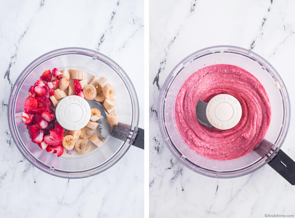 Two images: first is sliced frozen strawberries, sliced frozen bananas and milk in food processor. Second image is blended strawberry banana nice cream.