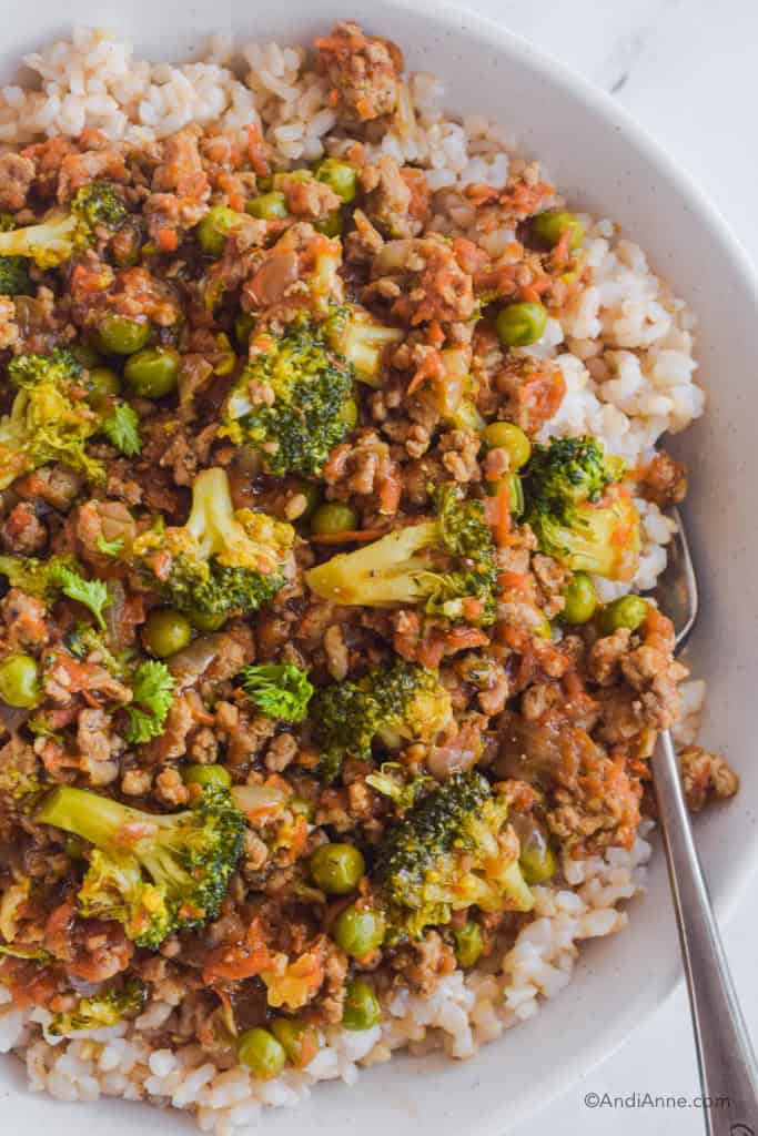 Teriyaki turkey rice bowl with broccoli, shredded carrots and peas.