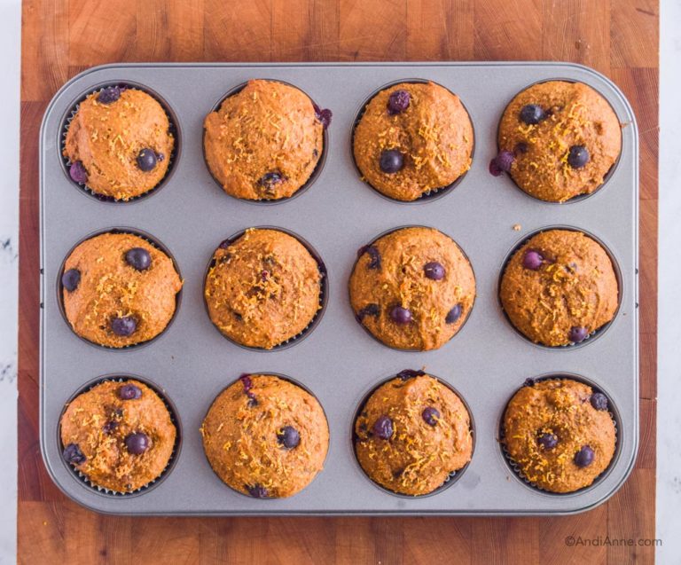 baked lemon blueberry muffins in pan
