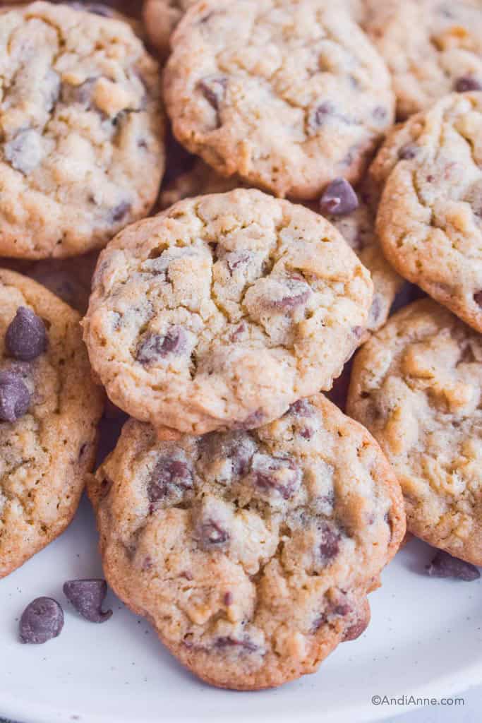 chocolate chip oat cookies piled on each other