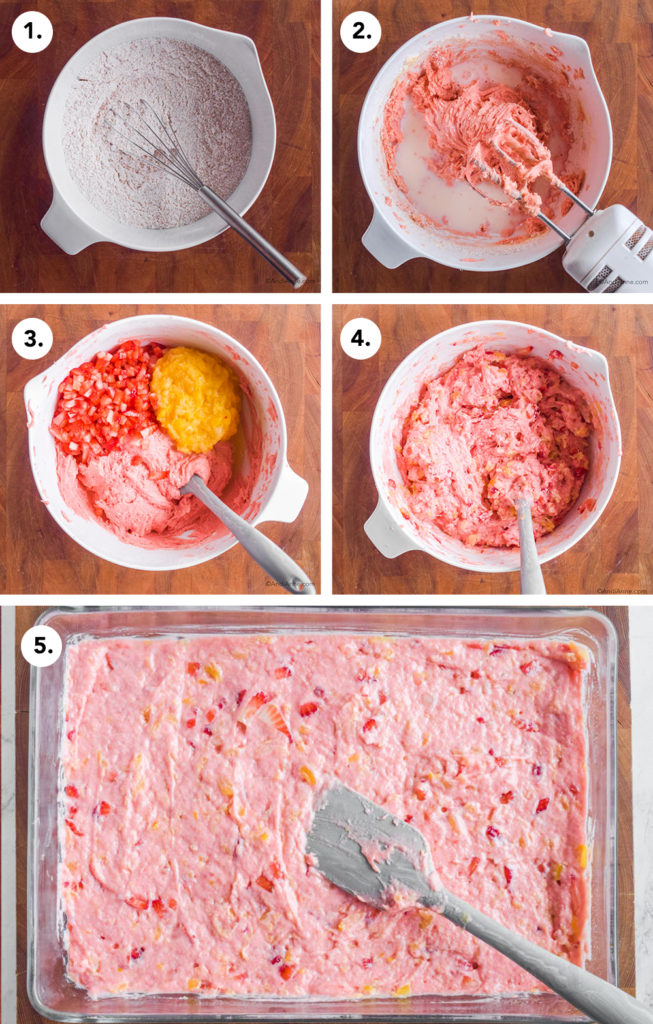 Five different images with steps to make the cake: white bowl first with dry ingredients, 2: hand mixer with pink cake batter and milk, 3: cake batter in bowl with diced strawberries and crushed pineapple, 4: strawberry pineapple batter in white bowl with spatula, 5: Glass dish with wet batter poured in and smoothed out. Grey spatula on top.