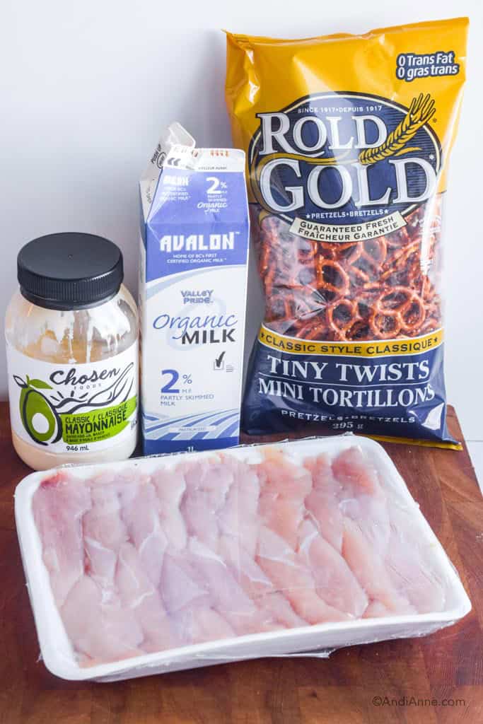 avocado mayonnaise jar, milk carton, bag of pretzels, container of raw chicken tenders