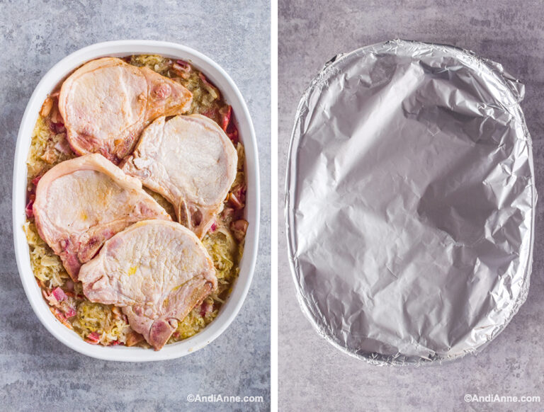 Two images, first all ingredients in oval casserole dish. Second aluminum foil is placed on top.