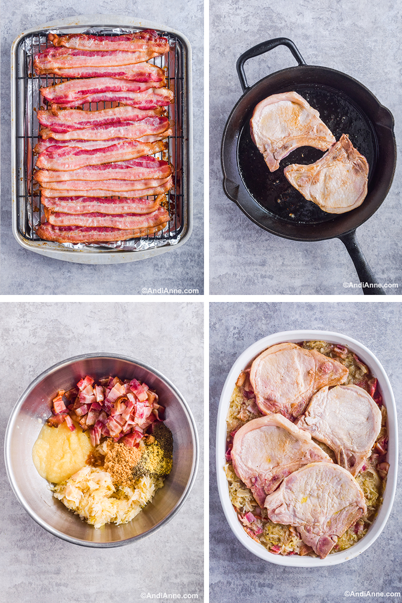 Four steps to make the recipe. First image is bacon on baking rack. Second is frying pan with two seared pork chops. Third is bowl of ingredients for recipe. Four is sauerkraut mixture and pork chops on top in white casserole dish.