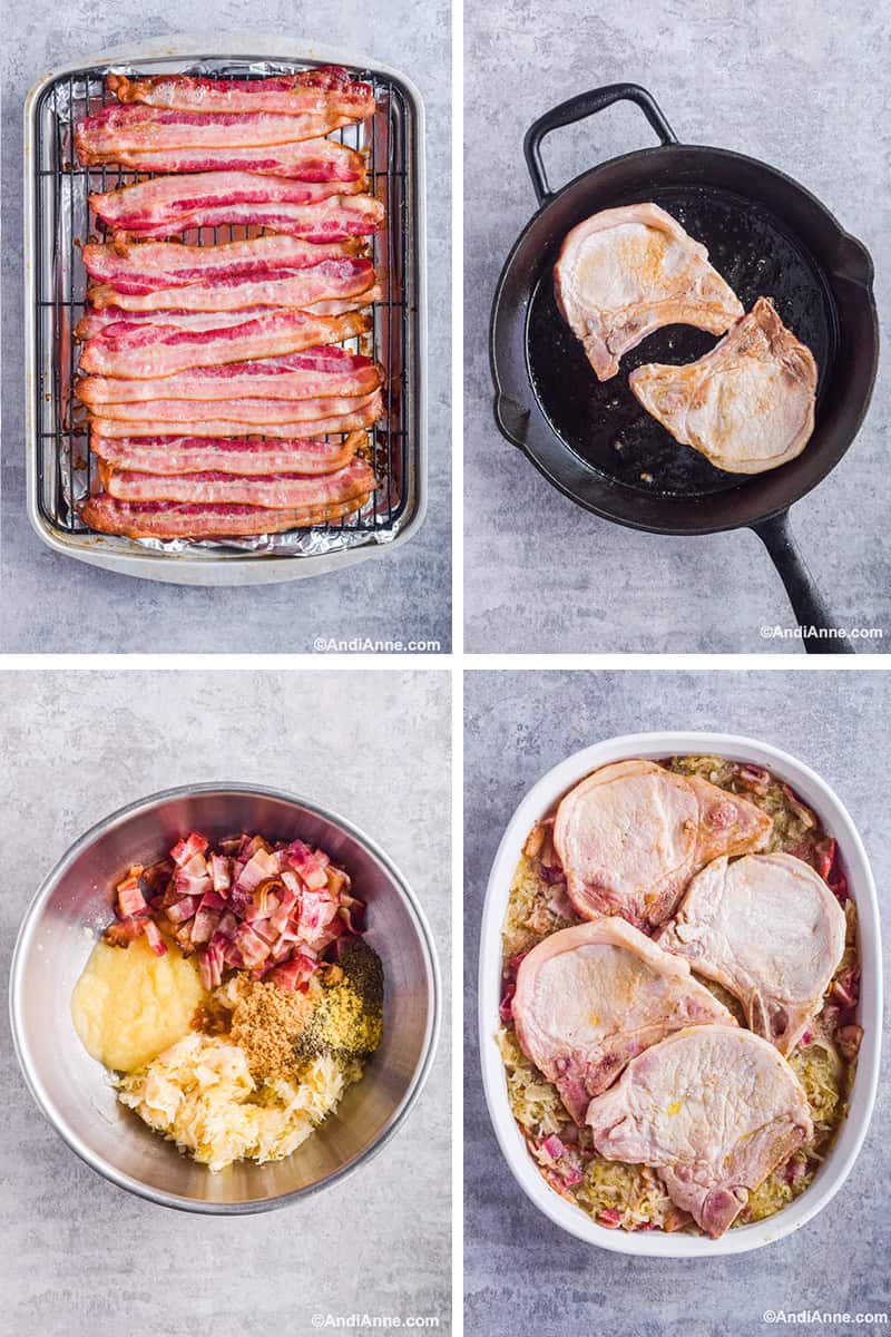 Four steps to make the recipe. First image is bacon on baking rack. Second is frying pan with two seared pork chops. Third is bowl of ingredients for recipe. Four is sauerkraut mixture and pork chops on top in white casserole dish.