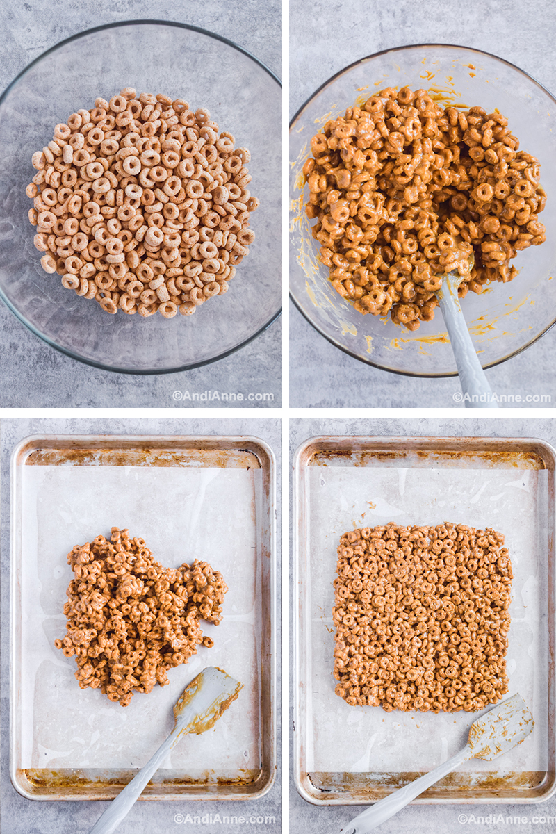 Four images showing steps to make recipe including glass bowl of cheerios, bowl with mixed cereal and peanut butter, ingredients dumped on a baking sheet, and ingredients formed into a square on baking sheet with a spatula beside.