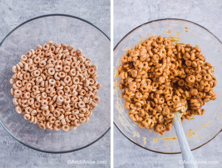 Two images of a glass bowl, first is bow with Cheerios, second is with added peanut butter mixed in.