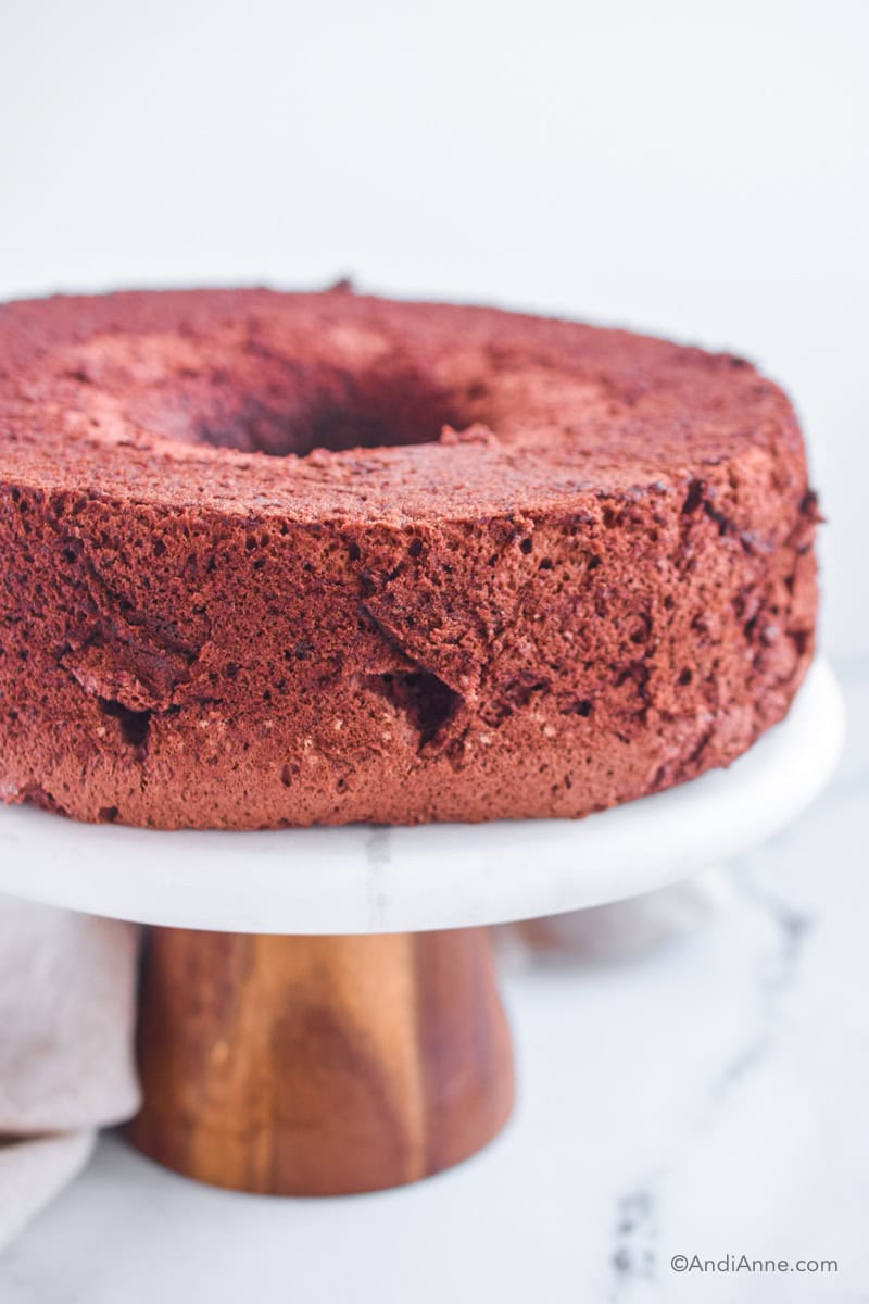 Close up of the chocolate angel food cake sitting on a cake stand.