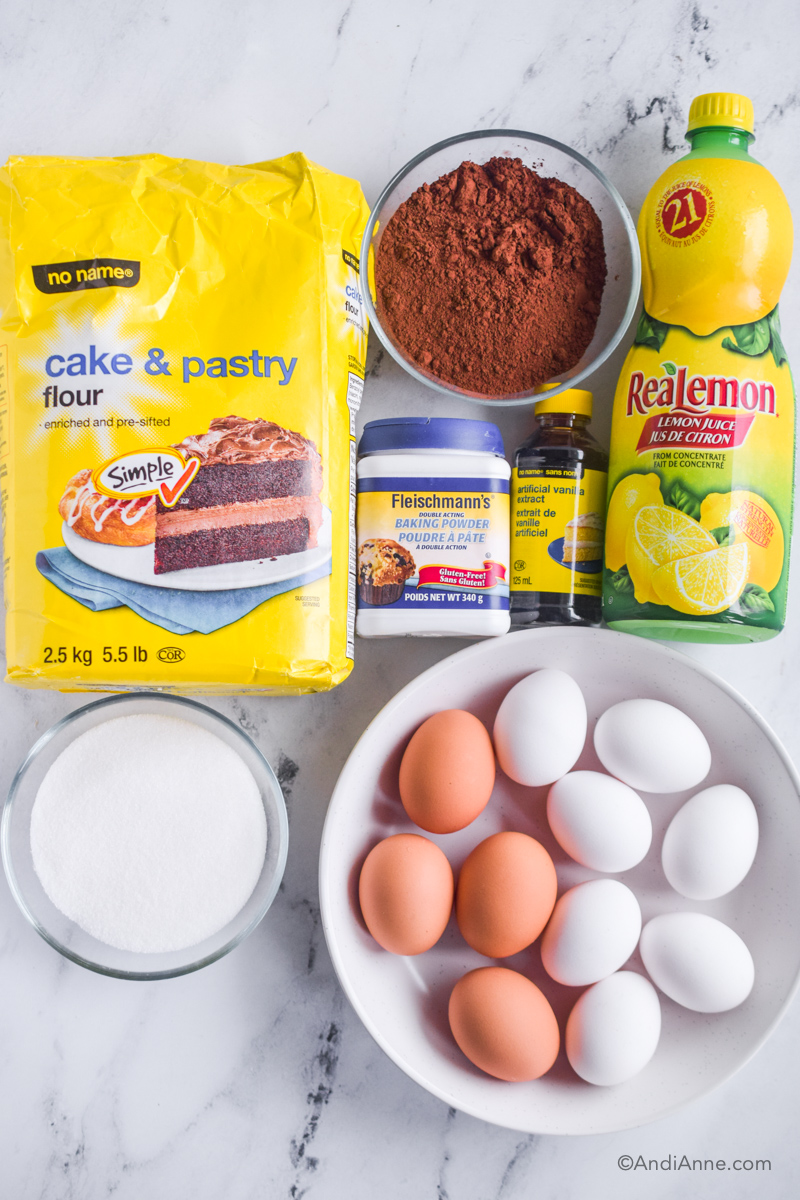Looking down at ingredients on a counter: bag of cake and pastry flour, a bowl of cocoa powder, baking powder jar, vanilla extract container, container of lemon juice, bowl of granulated sugar, and bowl of white and brown eggs.