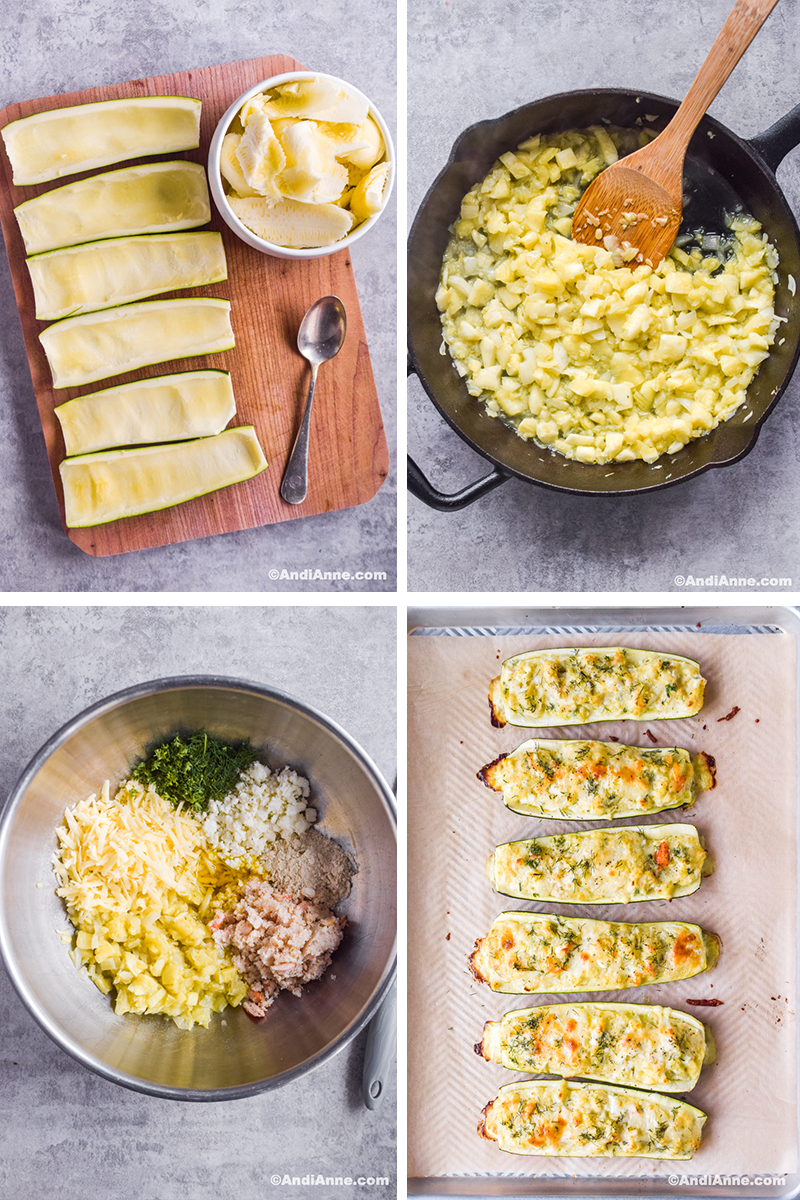 Four images showing steps to make the recipe including, scooping zucchini with a spoon, sauteeing the zucchini in frying pan, filling ingredients in a bowl, and baked zucchini with crab filling on baking sheet.